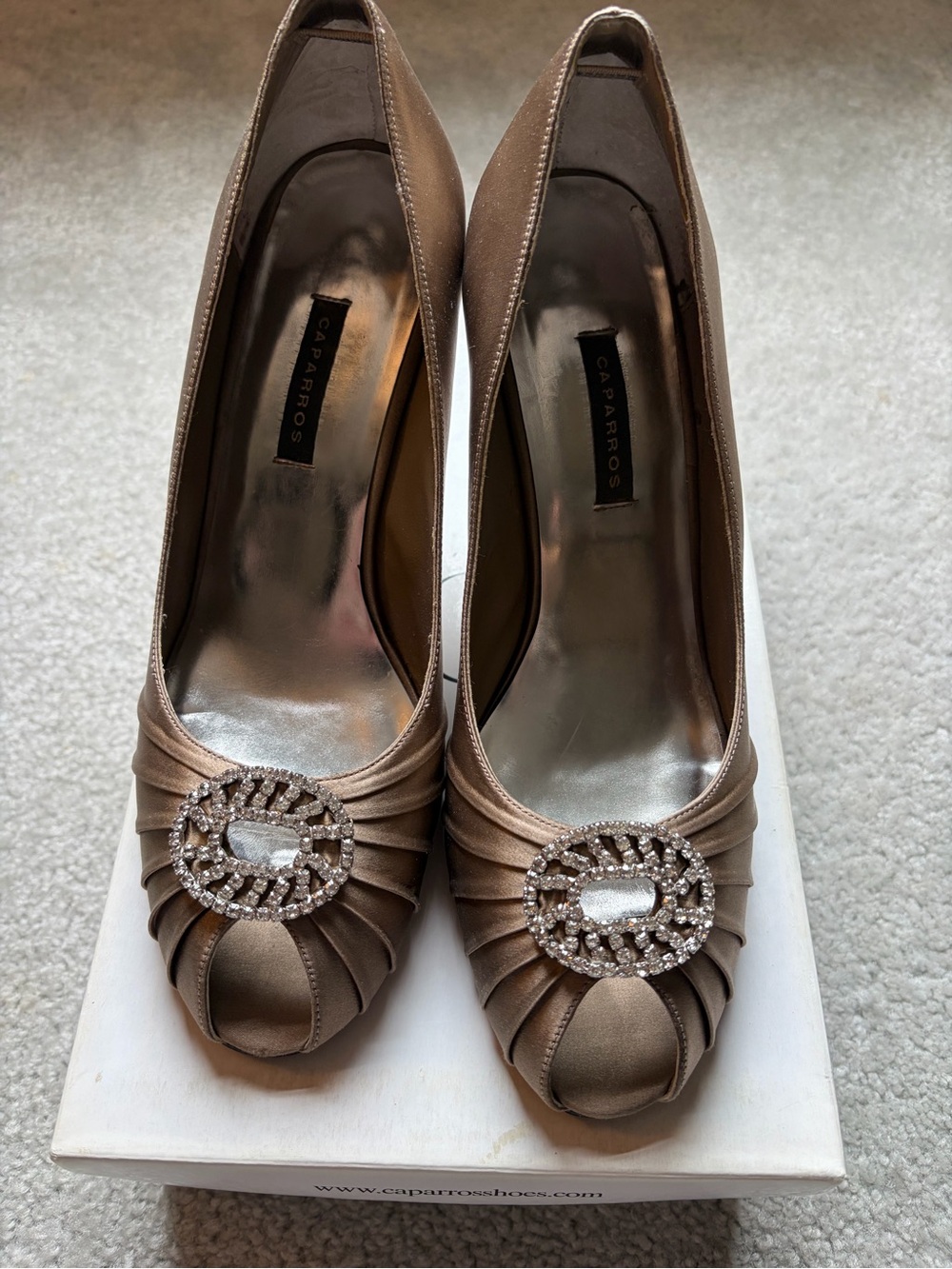 Caparros Taupe Satin Peep-Toe Pumps with Crystal Buckle